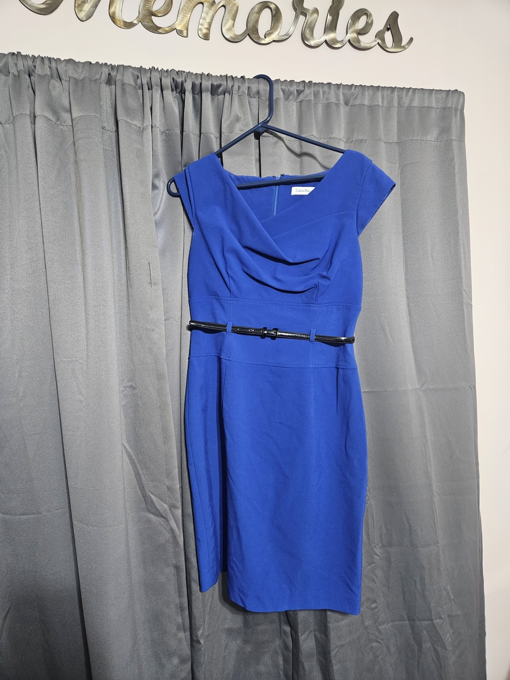 Calvin Klein Royal Blue Midi Sheath Dress with Black Belt